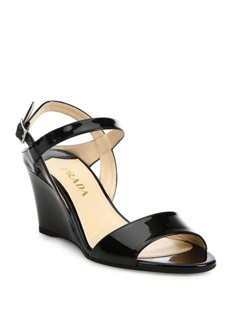 prada black patent wedge sandals|Prada ankle strap platform sandals.